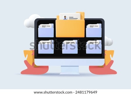 Computer database analysis. An online database for market or business research or inputting information, colored 3D vector illustration. Big data, documents protection