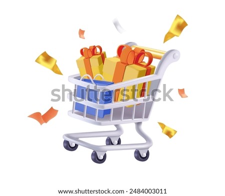 Black friday sale poster with shopping cart and bags for clothing. Digital marketing idea, 3d basket shop cart and presents, discount advertising concept. Big sale, shopping. Isolated 3D vector