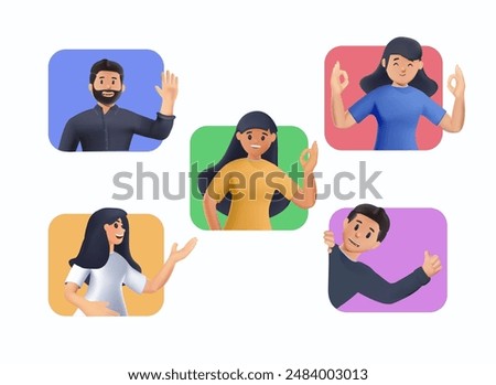 People are talking from windows. Team of business people, success in work collaboration together. Online Video call conference, business discussion. Unity and support, 3D illustration vector