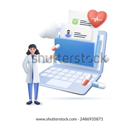 Electronic health record and online medical services illustration 3d style set. Doctor in hospital reading patient EMRs. Patients having online consultations with medical specialists. Vector 3D