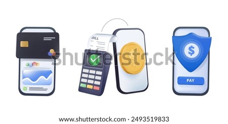 Mobile payments. Online sending money from mobile wallet to bank card, golden coins transfer app and e payment 3D style vector illustration set. Mobile payment, business finance pay transaction online