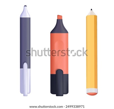 Pens, pencil, markers 3D vector set isolated on white background, ballpoint pens, lead dot pen with red rubber eraser, 3D biro pen and pencils, stationery set cartoon illustration design