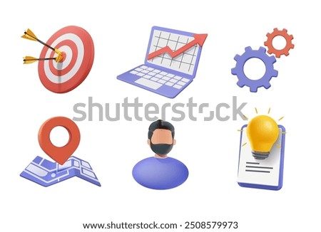 Business, icon set. Target, analytics graph, laptop, gears, map, idea, businessman, brainstorm clipboard. 3d realistic vector icons