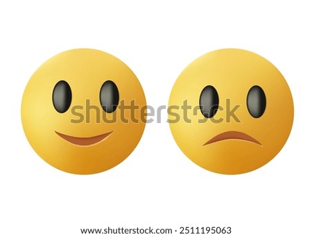 Happy and sad emoji vector icon in 3D style. Face smile icon positive, negative neutral opinion vector signs symbol. Smiles set. Simple 3D shape happy and sad emotion logo