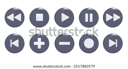 Media player button 3D icons set. Pause, rewind, fast forward icon. Ui elements. Music player buttons. Video controls. Play video icon collection. Ui template. Vector illustration