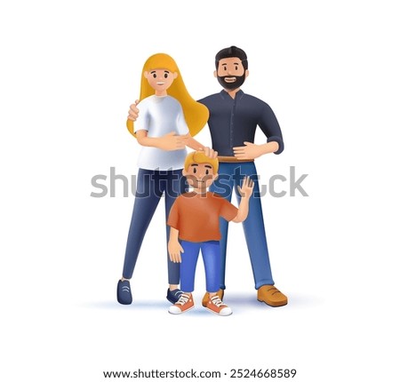 3D character vector illustration of a happy family, mother father son holding hands and hugging, complete prosperous family vector. Happy family life