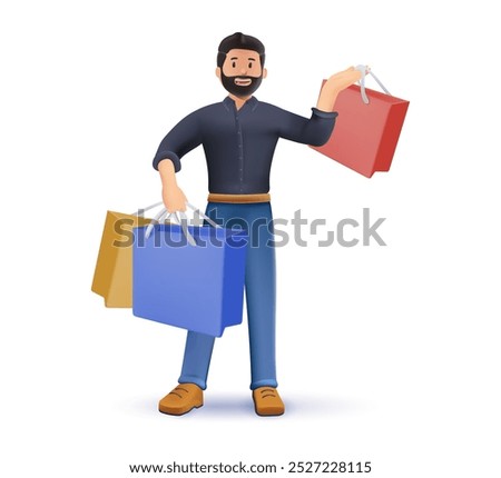 Man carrying shopping bags with purchases. Muy taking part in seasonal sale at store, shop, mall. Cartoon characters isolated on white background. 3D cartoon style vector illustration