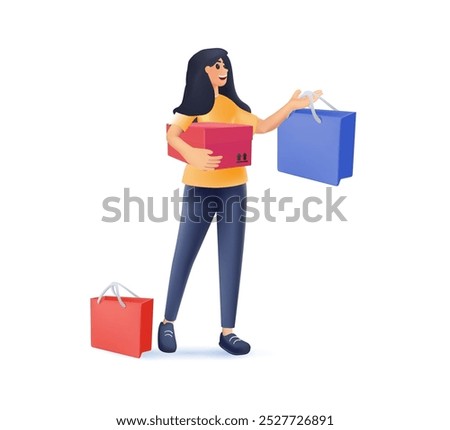 Woman carrying shopping bags with purchases. Girl taking part in seasonal sale at store, shop, mall. Cartoon characters isolated on white background. 3D cartoon style vector illustration