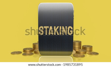 gold word staking and tablet for business or cryptocurrency concept 3d rendering. Foto d'archivio © 