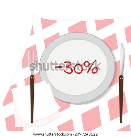 banner indicating a 30 percent discount on food from the menu in a cafe or restaurant. A plate with a fork and a knife on the table. Vector illustration in a flat style