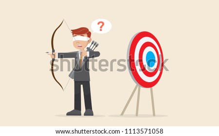 Cartoon character, Blindfolded businessman shooting arrow., vector eps10
