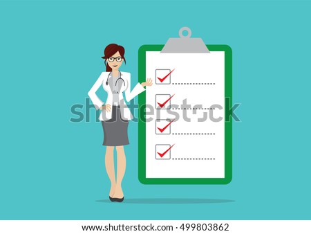 Cartoon character, Woman doctor and Big checklist., vector eps10