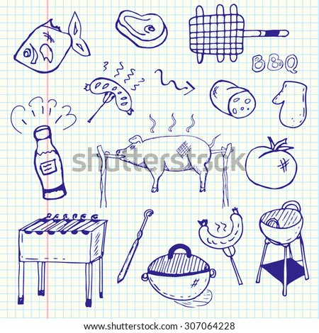 Hand drawn notebook style grill and BBQ icons. Vector illustration for butchery, restaurants and bars.