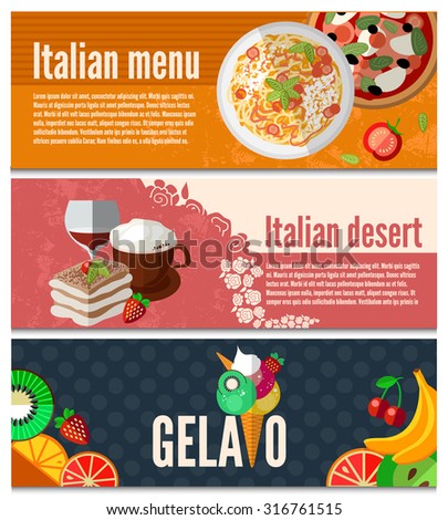 Collection of web banners with with Italian food, drinks and dessert. Food flat design, vector illustration. EPS 10