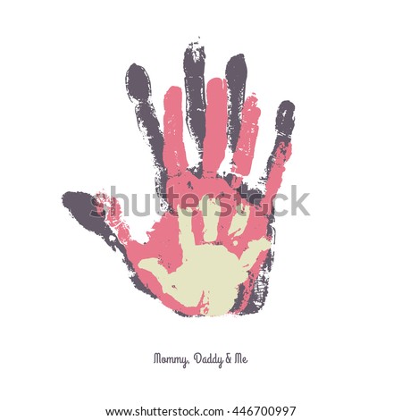 Watercolor handprint of family. Mom, dad and me vector illustration. Handprint of man, woman and child.