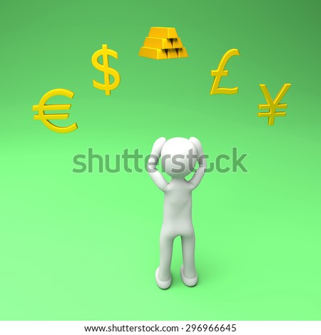 Desperate person staring at currencies symbols. Thinking what to trade. Person wondering what is the best deal. Drastic times call for drastic measures metaphor. Rendered 4K illustration.