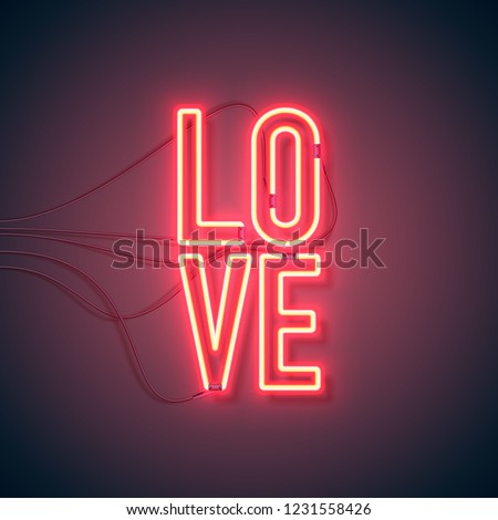 Neon sign. Retro neon Love sign on purple background. Design element for Happy Valentine's Day. Ready for your design, greeting card, banner. Vector illustration.