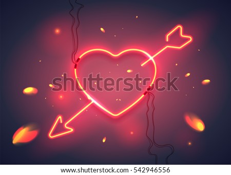 Neon sign, heart with arrow on dark background with sparks. Design element for Happy Valentine's Day. Ready for your design, greeting card, banner. Vector illustration.