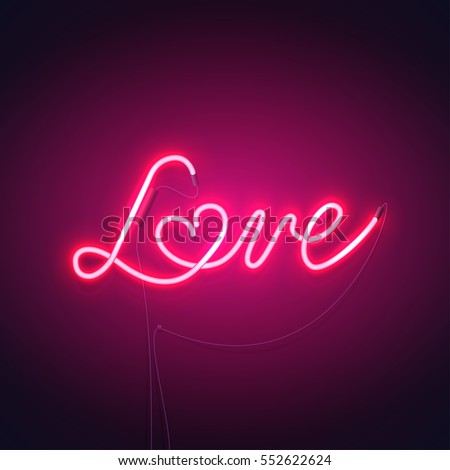 Neon sign, the word Love with heart on dark background. Design element for Happy Valentine's Day. Ready for your design, greeting card, banner. Vector illustration.