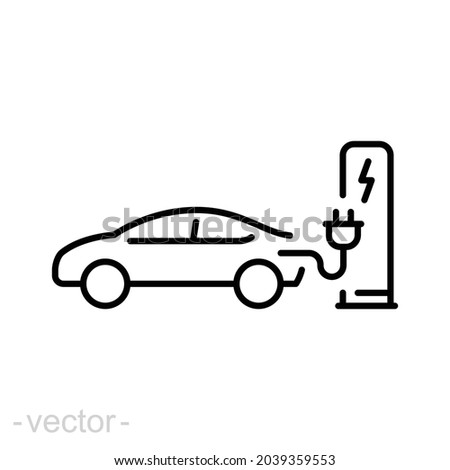 Electric car pump line icon. Outline style. Charge, green energy, hybrid, plug, charger, battery, lightning mark, auto concept. Vector illustration isolated on white background editable stroke EPS 10