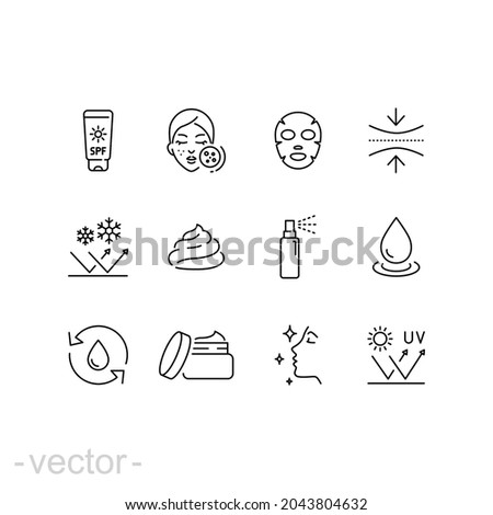 Care skin icon set. Face, skincare, sunscreen, cream, facial, clean, hair, routine, makeup, cleanser, scrub, uv, elasticity, pictogram, beauty concept. thin line symbol vector editable stroke EPS 10