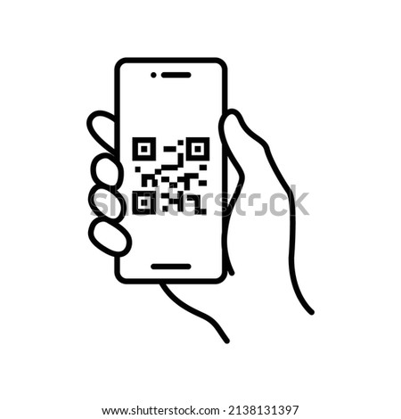 QR code scanning in smartphone screen. Hand holding Mobile phone. Simple line icon style, barcode scanner for pay, web, mobile app. Vector illustration isolated. EPS 10.