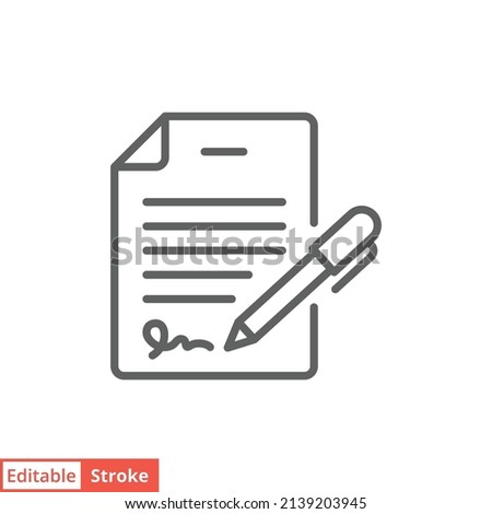 Pen signing contract icon. Simple outline style. Signature, paper, thin line symbol isolated on white background for graphic and web design. Editable stroke EPS 10.