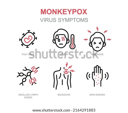 Monkeypox virus symptoms icon. Pox virus, fever, headache, swollen lymph nodes, backache, skin rashes. Simple outline style symbol. Thin line vector illustration isolated on white background. EPS 10.