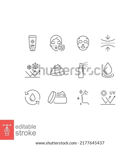 Care skin icon set. Face, skincare, sunscreen, cream, facial, clean, hair, routine, makeup, cleanser, scrub, uv, elasticity, pictogram, beauty concept. thin line symbol vector editable stroke EPS 10