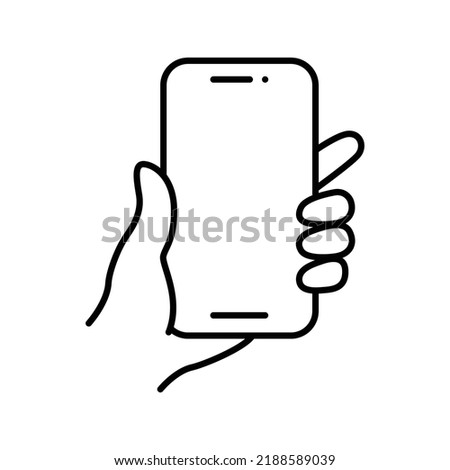 Hand holding smartphone icon. Simple outline style. Hold mobile phone with white screen. Thin line vector illustration isolated on white background. EPS 10.