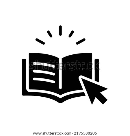 Online library icon. Simple solid style. Open book with cursor, digital course, e-learning, internet education concept. Glyph vector illustration isolated on white background. EPS 10.