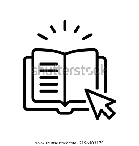 Online library icon. Simple outline style. Open book with cursor, digital course, e-learning, internet education concept. Thin line vector illustration isolated on white background. EPS 10.