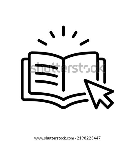 Online library icon. Simple outline style. Open book with cursor, digital course, e-learning, internet education concept. Thin line vector illustration isolated on white background. EPS 10.