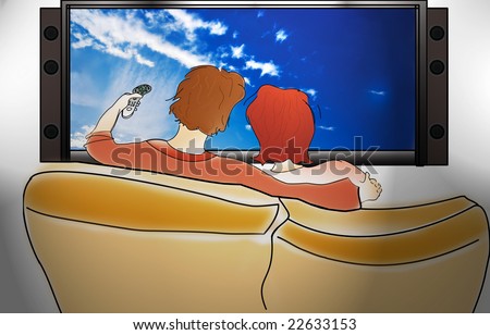 A couple watching a huge plasma screen