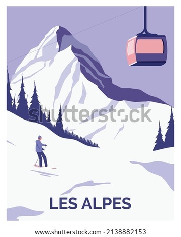 Alps winter landscape Hand drawn background vector illustration, suitable for art print, travel posters, postcard, banners.