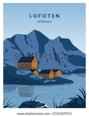 lofoten Norway landscape background.Bay view with buildings vector illustration. suitable for poster, postcard, art print.