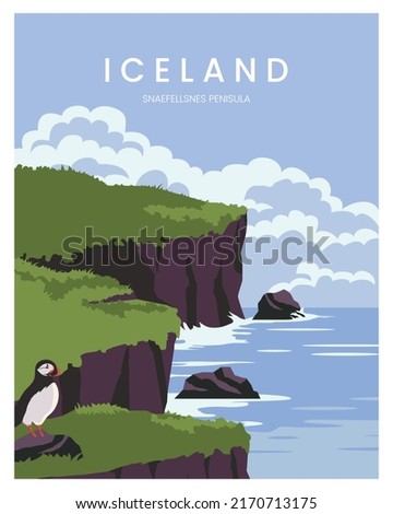 Snaefellsnes Peninsula Nature of Iceland vector illustration landscape background. vector illustration with minimalist style for poster, postcard.