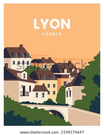 sunset in lyon france landscape background. Vector illustration with minimalist style for travel poster, print, postcard.