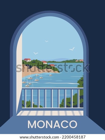 Monaco poster landscape. coast scenic view in windows. vector illustration with minimalist style.