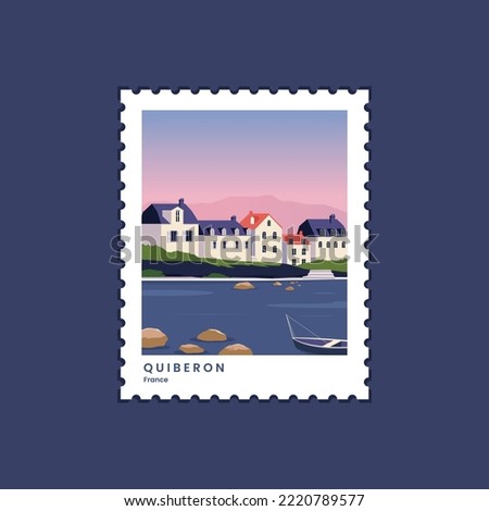 Quiberon, France travel postage. vector illustration postage stamp for using on envelopes, mail.