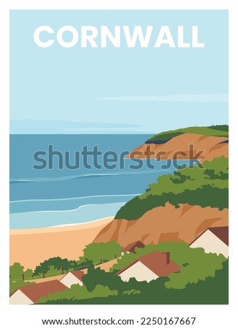 travel poster of Cornwall England.Travel to Cornwall South West England United Kingdom.Vector illustration with colored style for poster, postcard, card, background, art print.