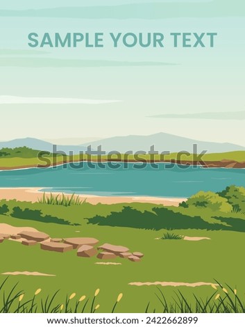 landscape background with hill and river view suitable for posters, backdrops, travel posters, cards, postcards, templates, prints. vector colored and flat style.