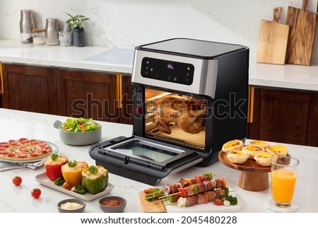 
fried chicken oven, grilled and healthy food with table.  