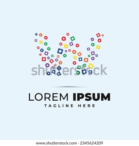 Colorful w letter logo template with polka dot circle and square shape pixel