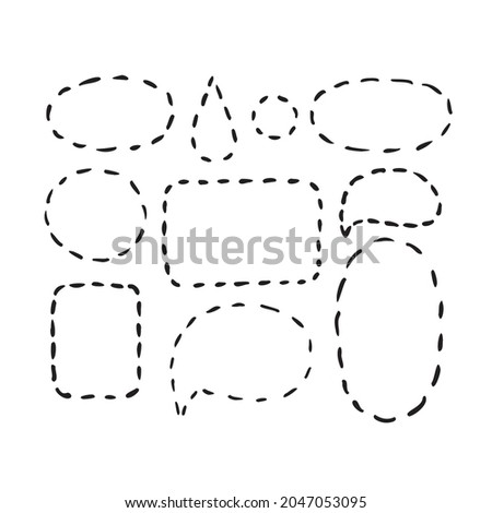 A set of frames made of dotted lines. Black doodle frames on a white background. The frames are round, square. Bubble for text, thoughts. Dotted line, sticker. Vector illustration.