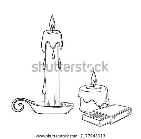 Wax candles with melting wax and matches hand drawn. Black outline drawing in doodle style. Isolated vector illustration.