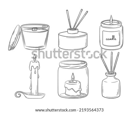 A set of diffuser and wax candles with a wick in a glass holder with a wooden lid. Sketch in doodle style. Air freshener and candles in a jar drawn in a sketch style. Isolated vector illustration.