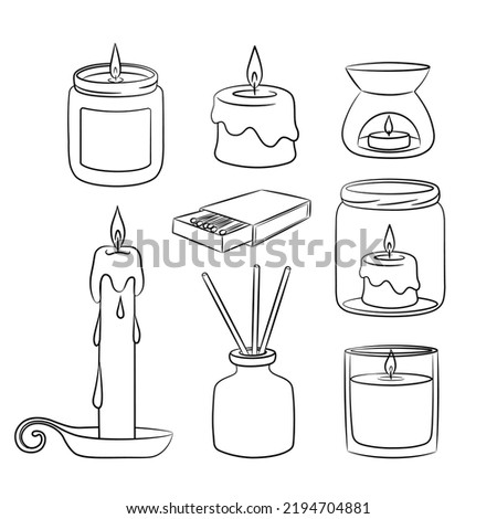 A set of diffuser and wax candles with a wick in a glass holder with a wooden lid. Sketch in doodle style. Air freshener and candles in a jar drawn in a sketch style. Isolated vector illustration.