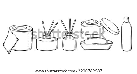 Set of family hygiene items hand drawn in line art style. Simple drawing of daily routine items and interior in sketch style. Isolated vector illustration.