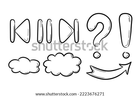 Cloud for conversations and thoughts drawn by hand. Start play and pause button in doodle sketch style. Question, exclamation and arrow mark symbol. Isolated vector illustration.
